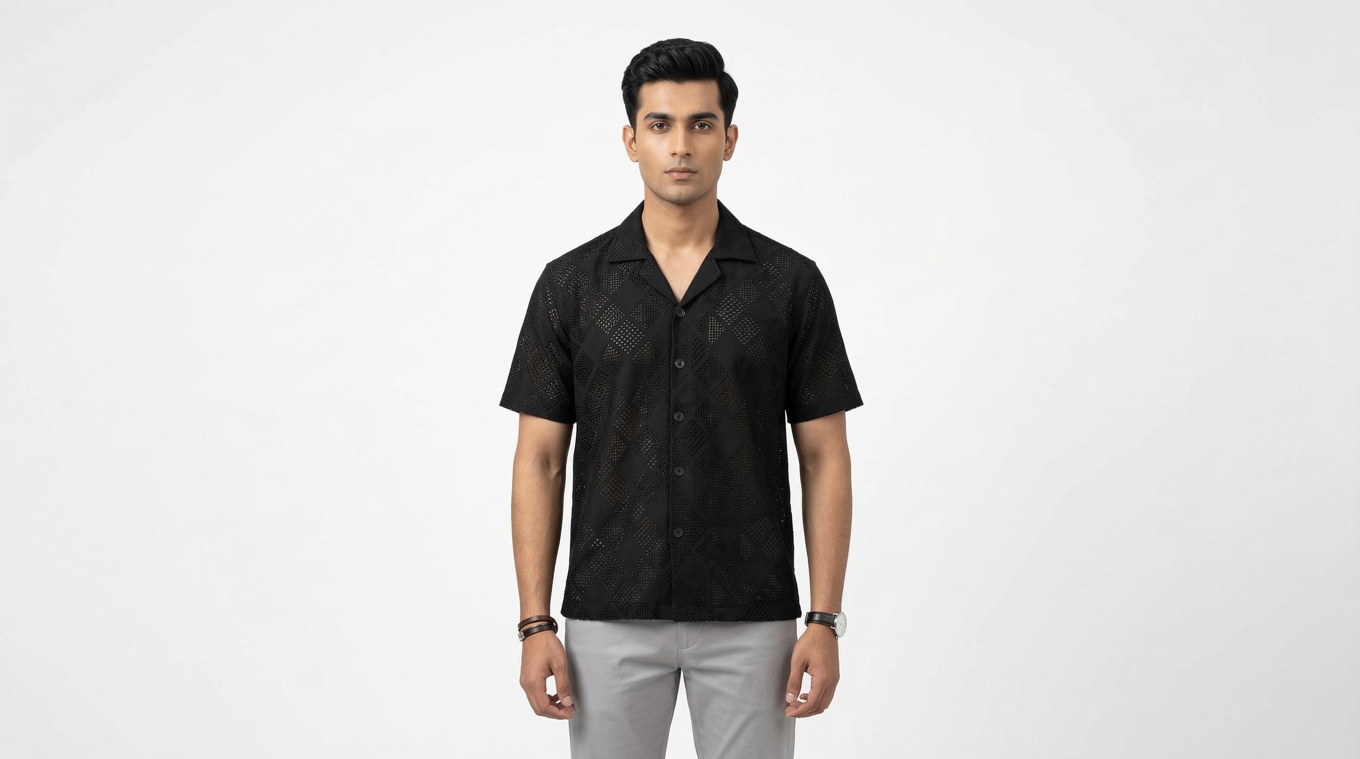 AUREN Ivory Diamond Textured Resort Shirt – Premium Summer Casual Black