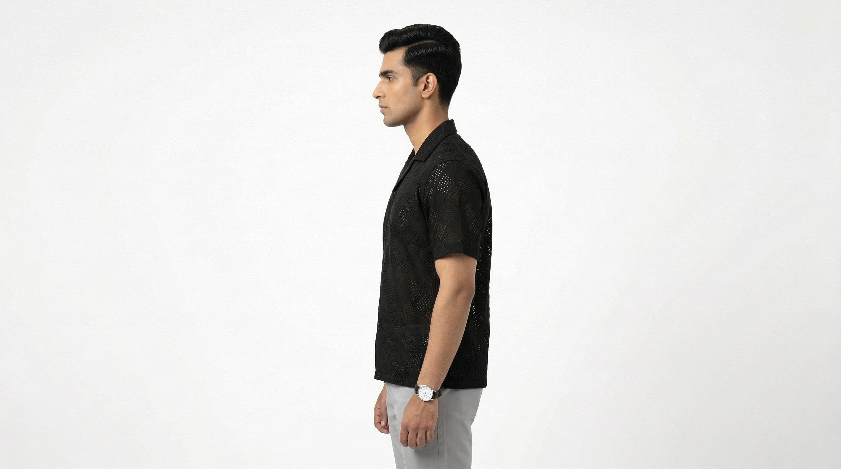 AUREN Ivory Diamond Textured Resort Shirt – Premium Summer Casual Black