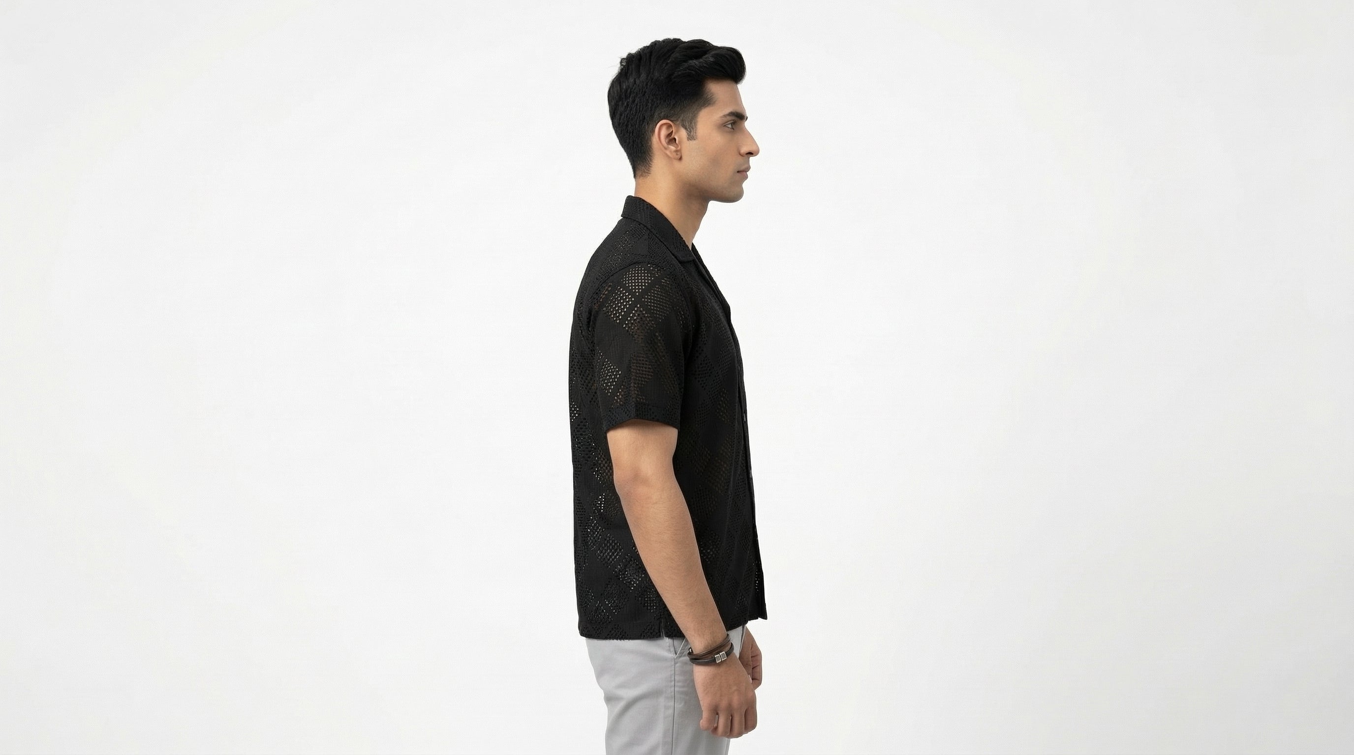 AUREN Ivory Diamond Textured Resort Shirt – Premium Summer Casual Black