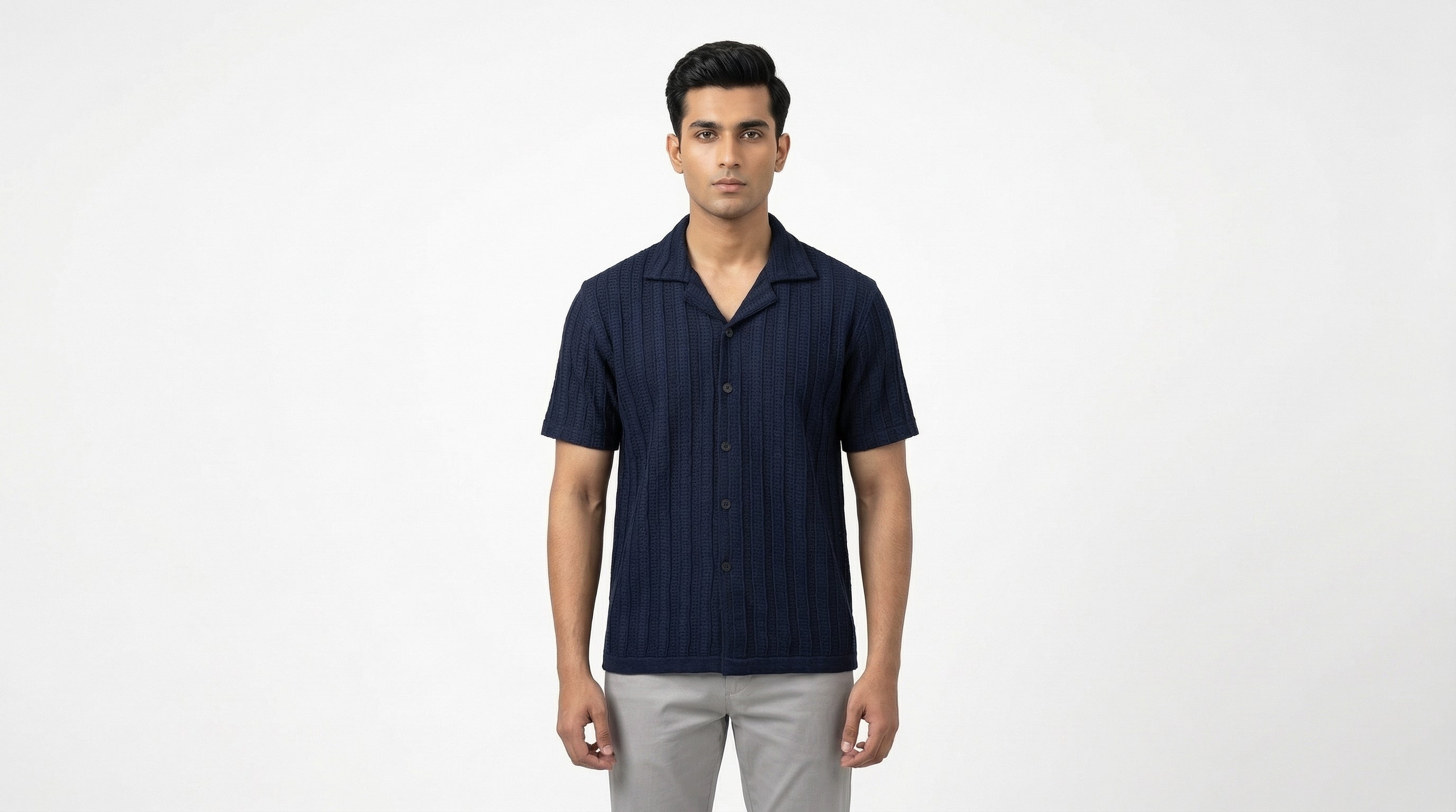 AUREN Self-Print Striped Resort Shirt – Premium Summer Casual – Navy